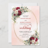 Romantic Burgundy Floral Gold Frame Wedding Invite Einladung (Vorderseite)
