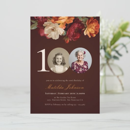 Romantic Burgundy Floral Photo 100th Birthday Einladung (Stehend Vorderseite)