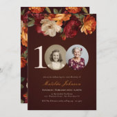 Romantic Burgundy Floral Photo 100th Birthday Einladung (Vorne/Hinten)