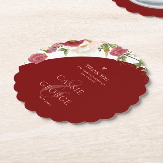 Romantic Burgundy Floral Wedding Thank You Message Untersetzer (angewinkelt)
