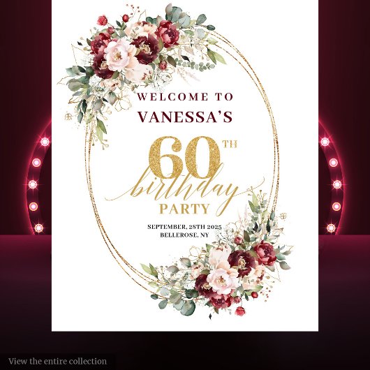 Romantic Burgundy Gold Greenery 60th Birthday Prop Wandteppich