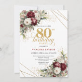 Romantic Burgundy Greenery 80th Birthday Einladung (Vorderseite)