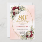 Romantic Burgundy Watercolor Flowers 80th Birthday Einladung (Vorderseite)