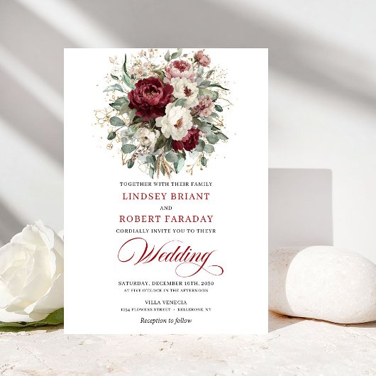 Romantic Burgundy White Floral Eucalyptus Wedding  Einladung