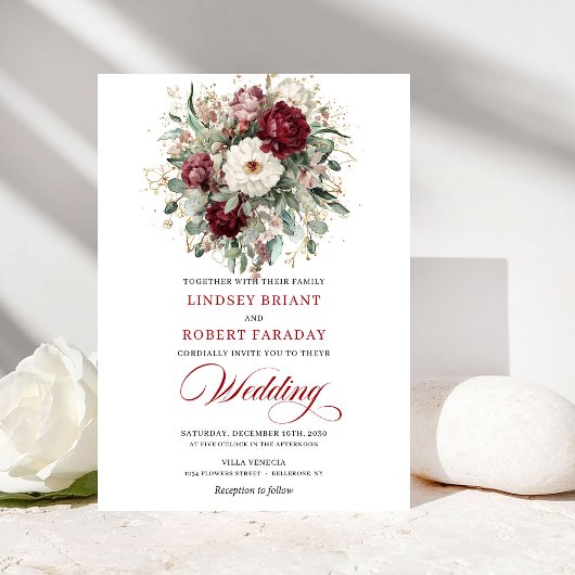 Romantic Burgundy White Floral Gold Wedding Invite Einladung
