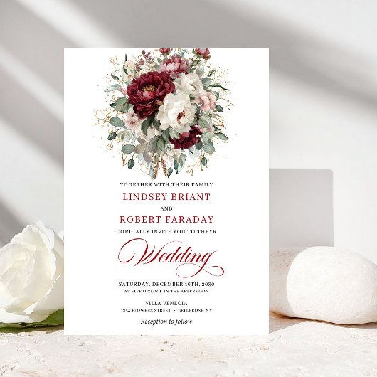 Romantic Burgundy White Flowers Wedding Invitation Einladung