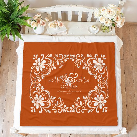 Romantic Burnt Orange Shabby Chic Mr & Mrs Floral Fleecedecke