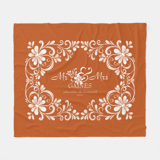 Romantic Burnt Orange Shabby Chic Mr & Mrs Floral Fleecedecke (Vorderseite (Horizontal))