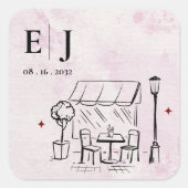 Romantic Café Illustration Wedding Monogram Quadratischer Aufkleber (Vorderseite)