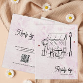 Romantic Café Sketch QR Code Wedding Reply By RSVP Karte