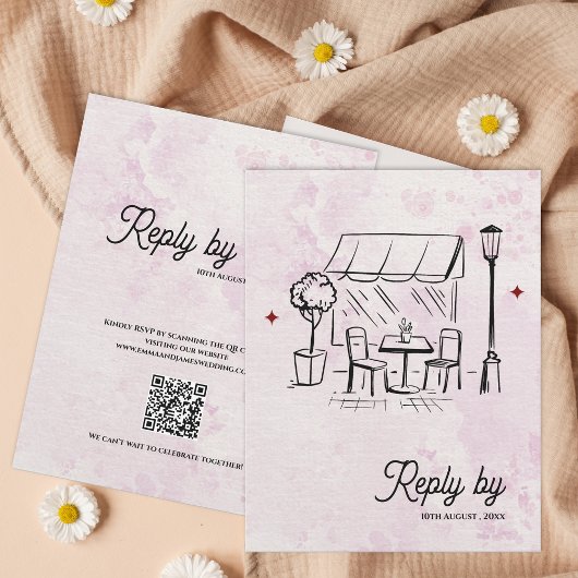 Romantic Café Sketch QR Code Wedding Reply By RSVP Karte