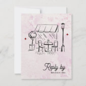 Romantic Café Sketch QR Code Wedding Reply By RSVP Karte (Vorderseite)