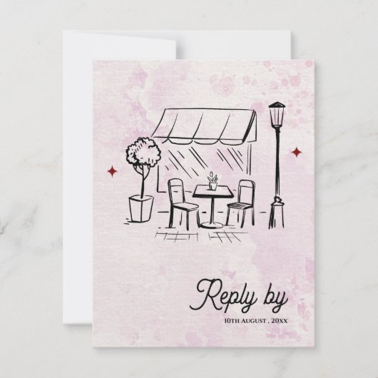 Romantic Café Sketch QR Code Wedding Reply By RSVP Karte (Vorderseite)