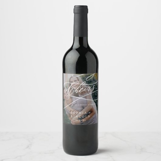 Romantic Calligraphy Dark Photo Overlay Wedding Weinetikett (Vorderseite)