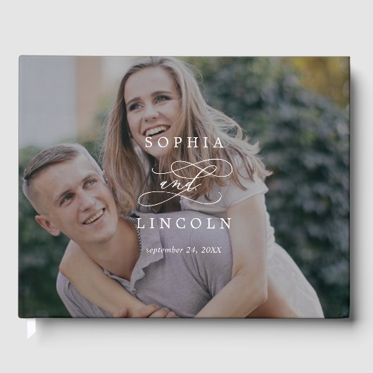 Romantic Calligraphy Monogram Dark Photo Wedding Gästebuch (Vorderseite)