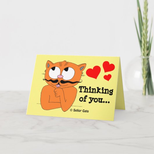 Romantic Card "Thinking of You" Cartoon MustachCat Karte (Vorderseite)
