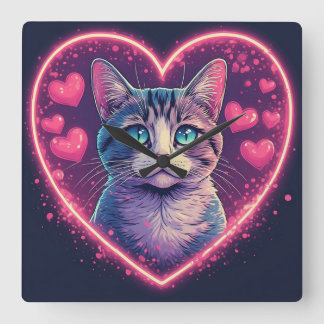 Romantic Cat Lover Gift | Aesthetic Neon Animal Quadratische Wanduhr