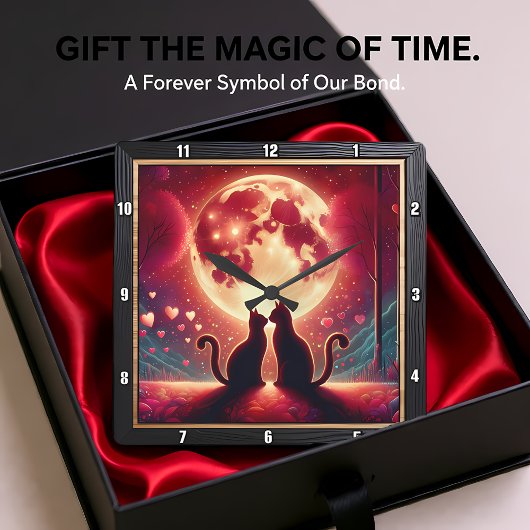 Romantic Cat Silhouette Full Moon Quadratische Wanduhr