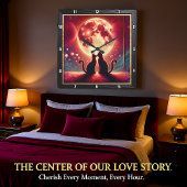 Romantic Cat Silhouette Full Moon Quadratische Wanduhr