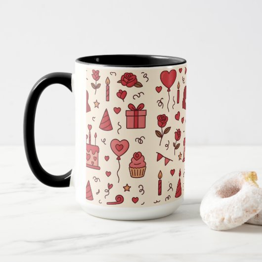 Romantic Celebration Doodle Pattern Tasse (Mit Donut)