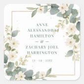 Romantic Charming Flowers & Branches Frame Wedding Quadratischer Aufkleber (Vorderseite)