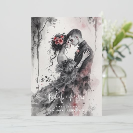 Romantic Chic Charming Gothic Couple Wedding Save The Date (Stehend Vorderseite)