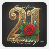Romantic Chic Gold Filigree Red Rose 21st Birthday Quadratischer Aufkleber (Vorderseite)