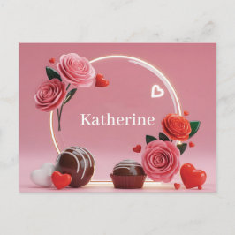 Romantic Circular Glass Frame with Roses and Name Postkarte