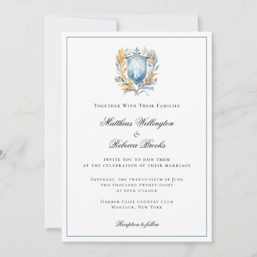 Romantic Classic Blue Crest Monogram Wedding Einladung (Vorderseite)