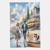 Romantic Coastal Cottage Sunset Stroll Geschirrtuch (Vertikal)