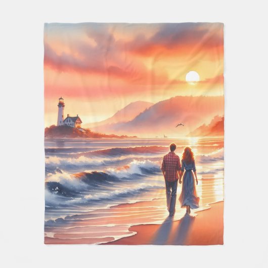 Romantic Coastal Sunset Lighthouse Walk Fleecedecke (Vorderseite)
