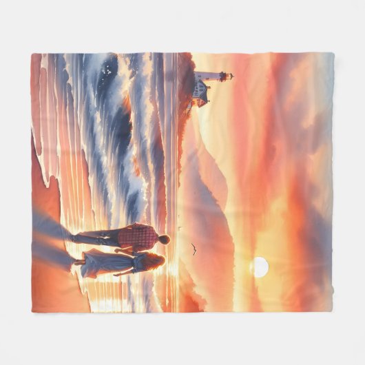 Romantic Coastal Sunset Lighthouse Walk Fleecedecke (Vorderseite (Horizontal))