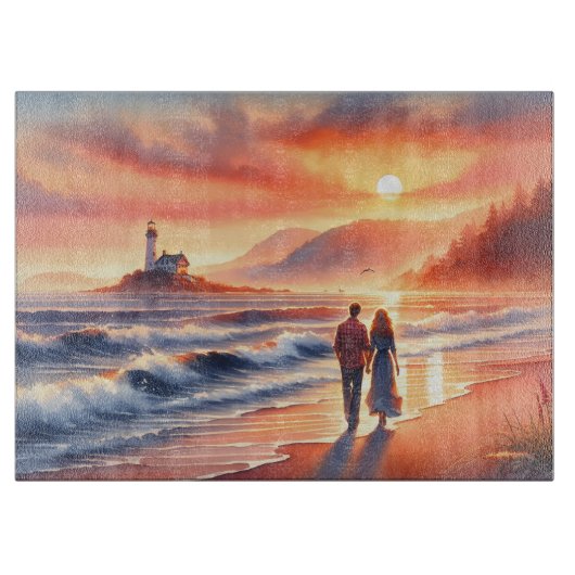 Romantic Coastal Sunset Lighthouse Walk Schneidebrett (Vorderseite)
