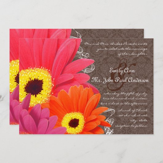 Romantic Coral & Fuchsia Gerber Daisy Wedding Einladung (Vorne/Hinten)