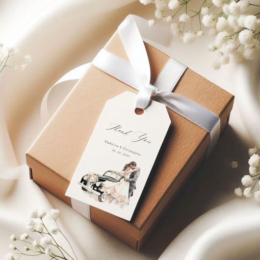 Romantic Couple Vintage Car Wedding Thank You Geschenkanhänger