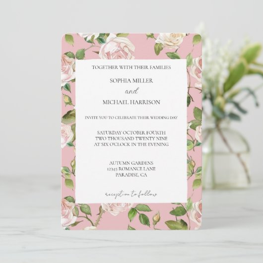 Romantic Cream Blush Pink Floral Wedding Einladung (Stehend Vorderseite)