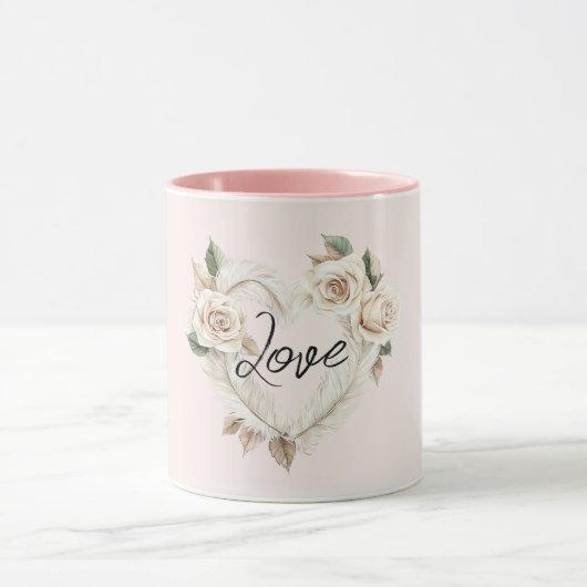 Romantic Cream Blush Roses Feathers Floral Heart Tasse (Zentrum)