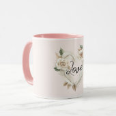 Romantic Cream Blush Roses Feathers Floral Heart Tasse (Vorderseite Links)