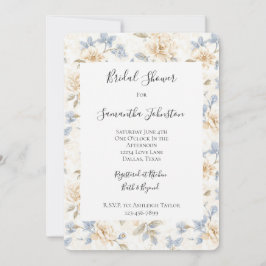 Romantic Cream Floral Blue Leaves Bridal Shower Einladung