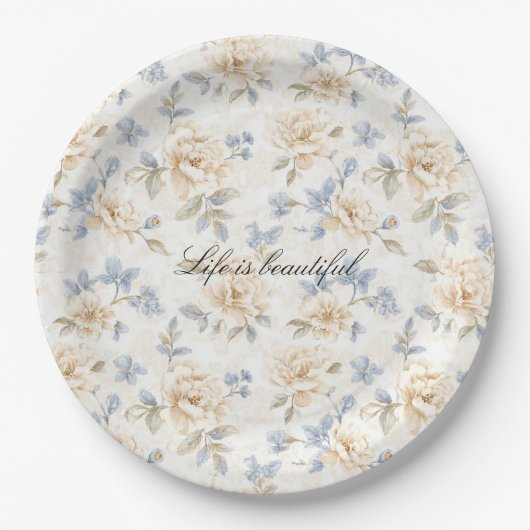 Romantic Cream Floral Blue Leaves Wedding Pappteller (Vorderseite)