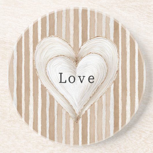 Romantic Cream Heart Brown Stripes Love Getränkeuntersetzer (Vorne)