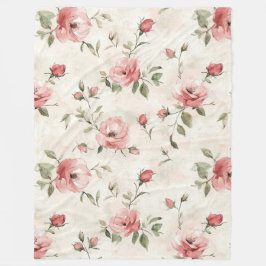 Romantic Cream Pink Roses Floral  Fleecedecke
