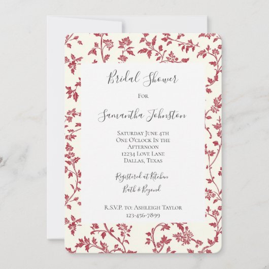 Romantic Cream Red Leaves Bridal Shower Einladung (Vorderseite)