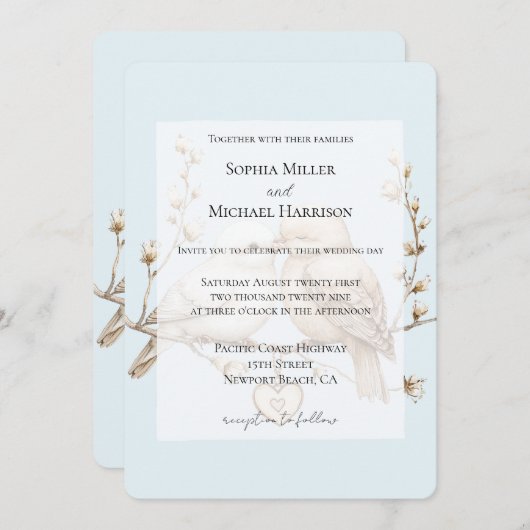 Romantic Cream White Love Birds Heart Wedding Einladung (Vorne/Hinten)