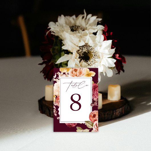 Romantic Deep Burgundy Floral  Bridal Shower  Tischnummer