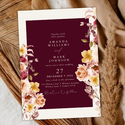 Romantic Deep Burgundy Floral Elegant Wedding Einladung