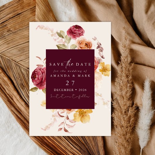 Romantic Deep Burgundy Floral Save the date Einladung