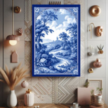 Romantic Deep French Blue Toile Landscape Elegance
