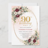 Romantic Deep Red Floral Gold 90th Birthday Invite Einladung (Vorderseite)