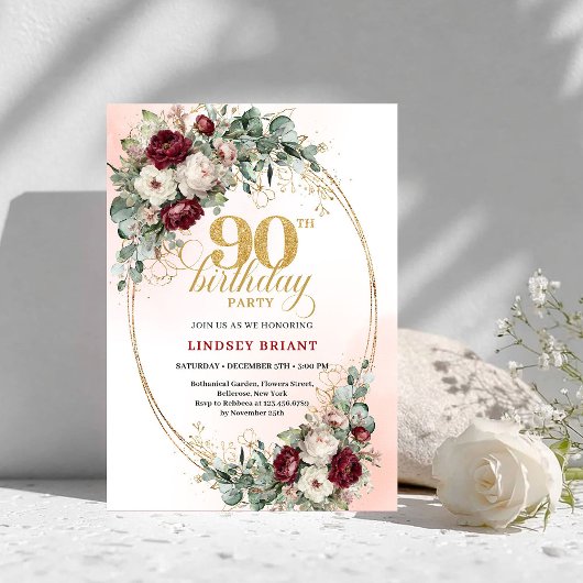 Romantic Deep Red Floral Gold 90th Birthday Invite Einladung